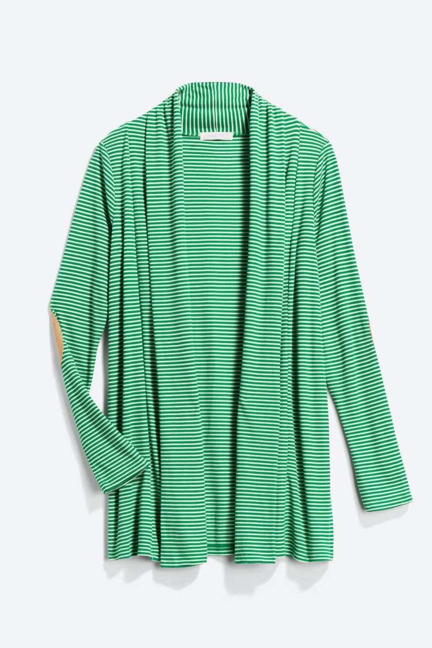 Honey Punch Striped Elbow Patch Open Drape Cardigan – Green/White – Size Large